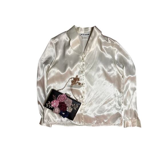 Women’s 6P Joan Leslie Ivory Satin Blouse Bridal Vintage Glam Button Front - Picture 8 of 9